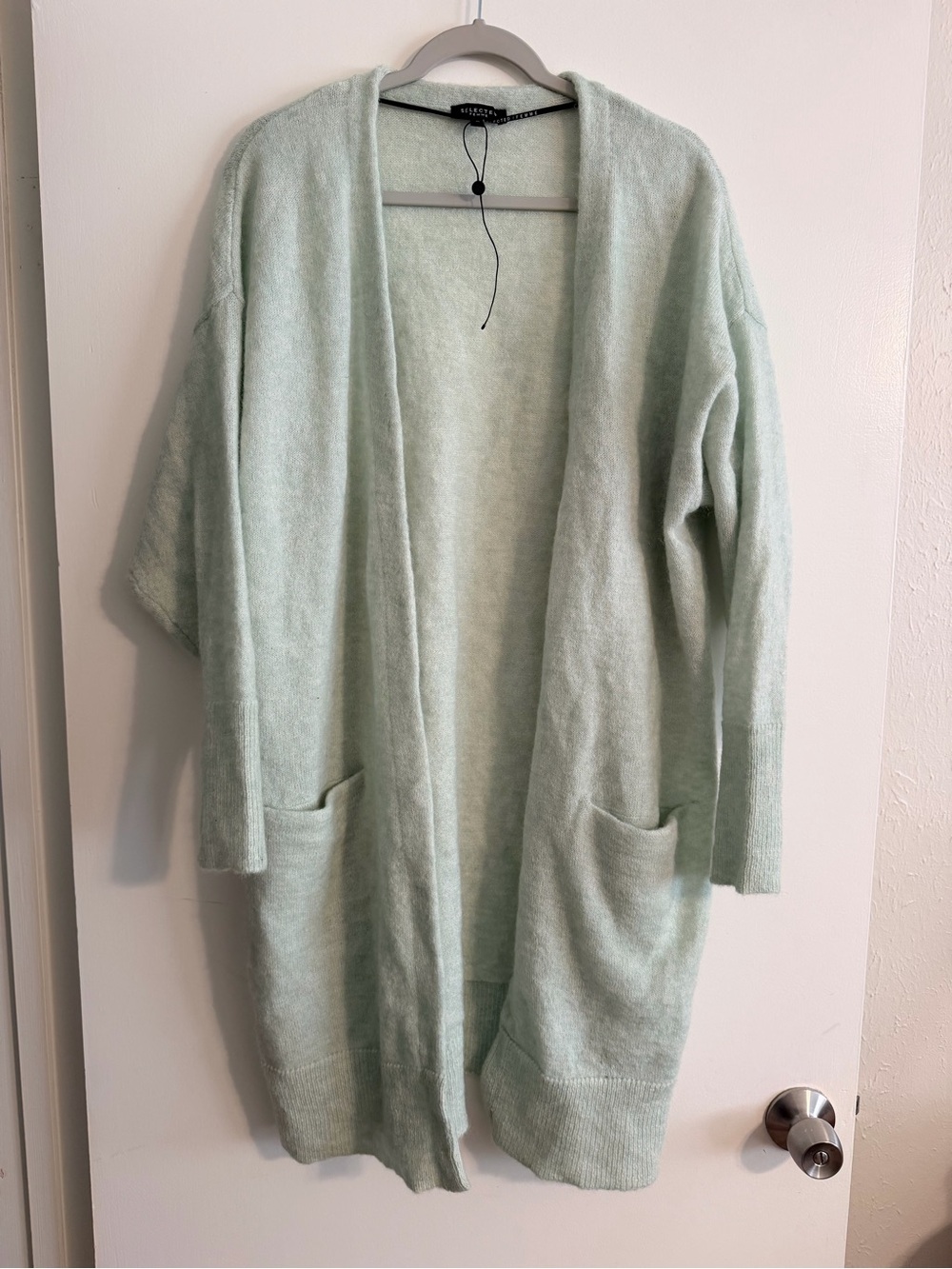Selected Femme Wool & Mohair Blend Mint Open-Front Pocket Knit Cardigan
